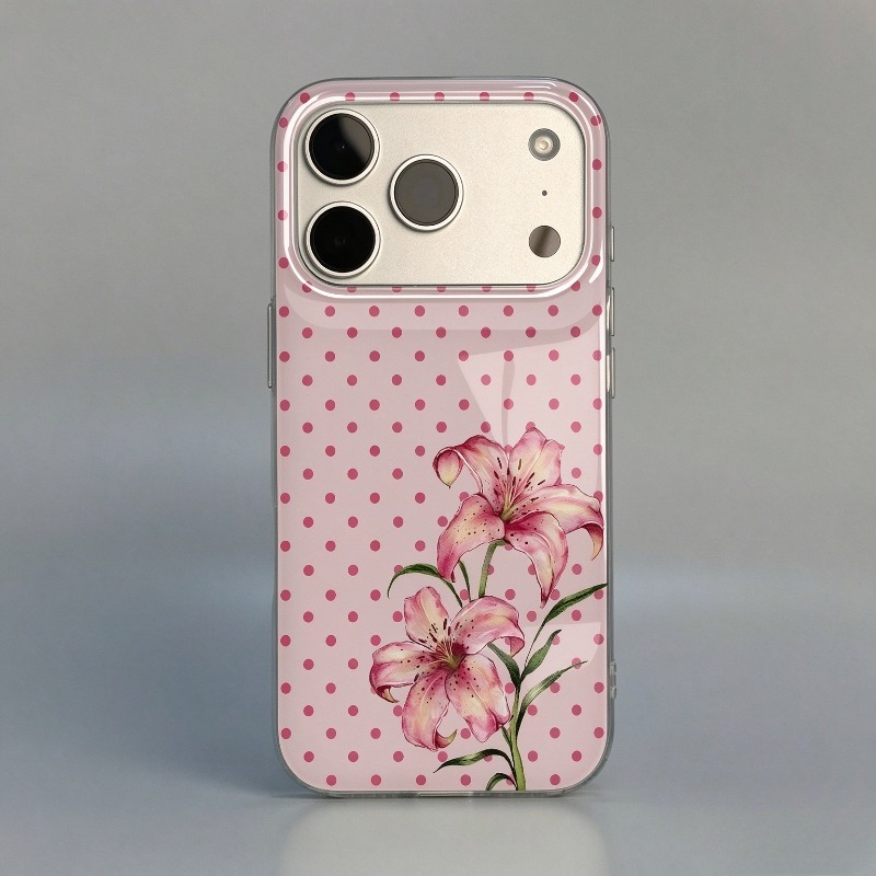 Phone Cases Xr Iphone - ピンクの水玉模様とハイビスカスの花柄が描かれたiPhone 11、12、13、14、15、16、17、18 Pro Max、16e、17e、Air、X、XR、XS、7、8 Plus対応のスマートフォンケース。