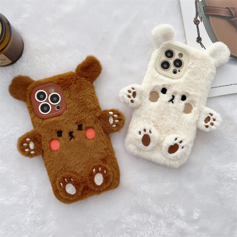 韓国の3D漫画風クマのふわふわぬいぐるみカップル携帯ケース  - Phone Cases Iphone 13 のレビューと価格